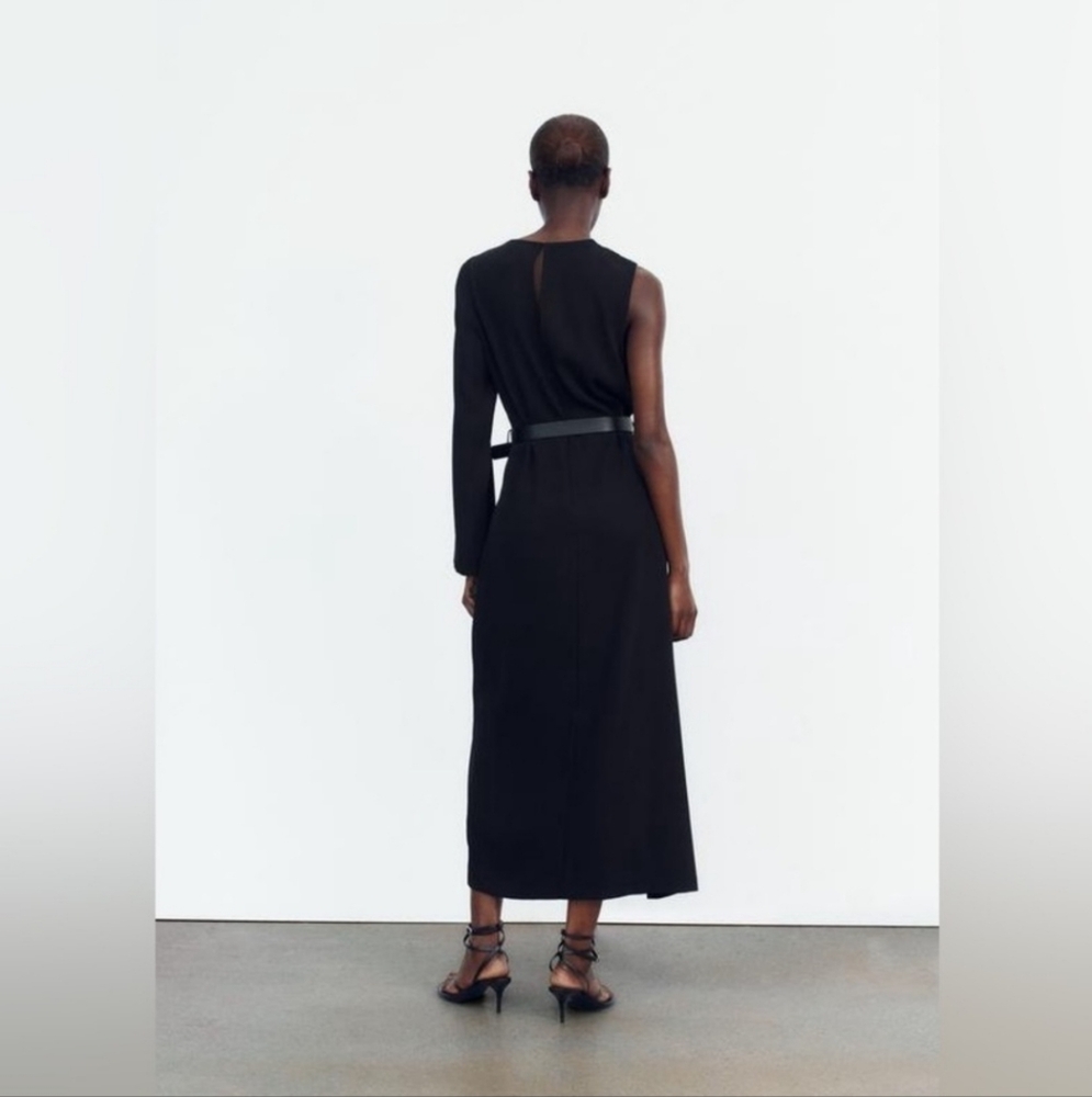 ZARA CLASSIC MIDI DRESS Black Size XS Belted - Picture 5 of 9